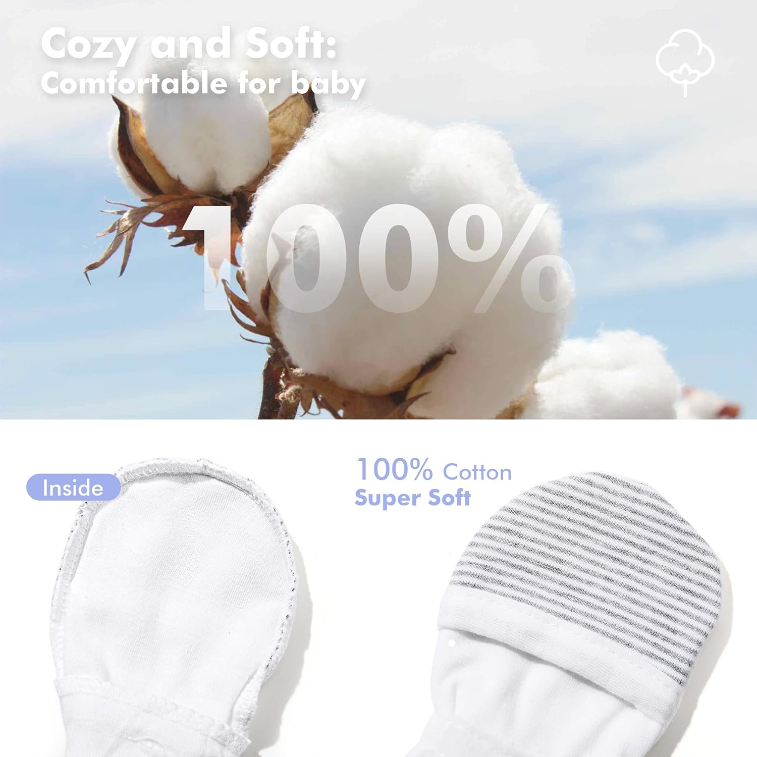 HAPIU Baby No Scratch Mittens Stay On, 100% Cotton Breathable, Adjustable Infant Gloves for Boys