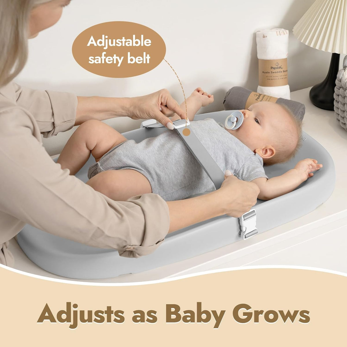 Papablic Wipeable Baby Changing Pad with Removable Safety Strap, Easy to Clean & Non-Slip