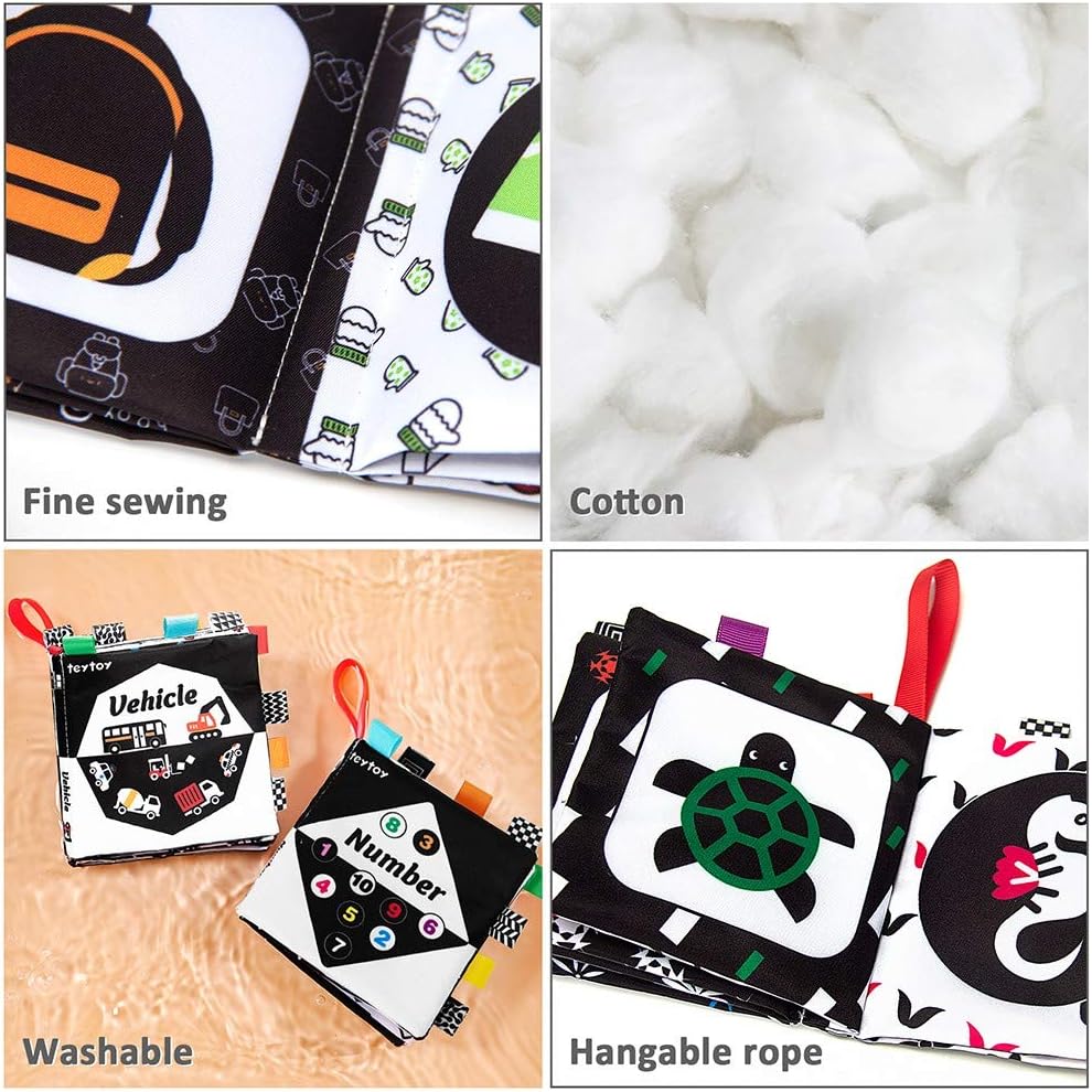 teytoy Baby Soft Cloth Book Set 6 PCS, Black and White High Contrast Baby Activity Crinkle Books