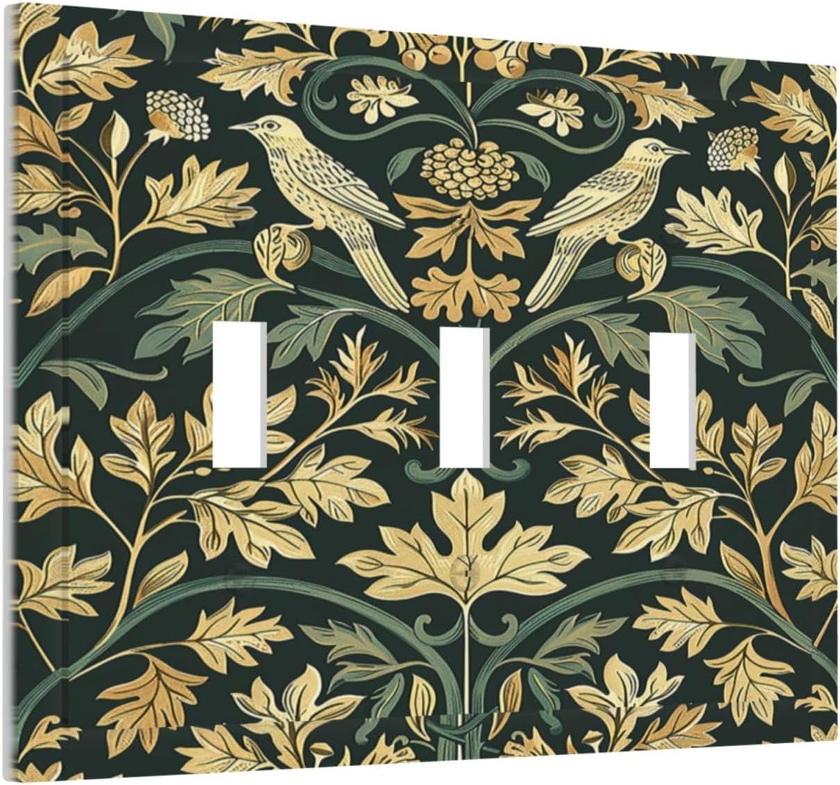 Decorative Switch Plates William Morris Vintage Botanical Birds Golden Green Leaves 3 Gang Wall