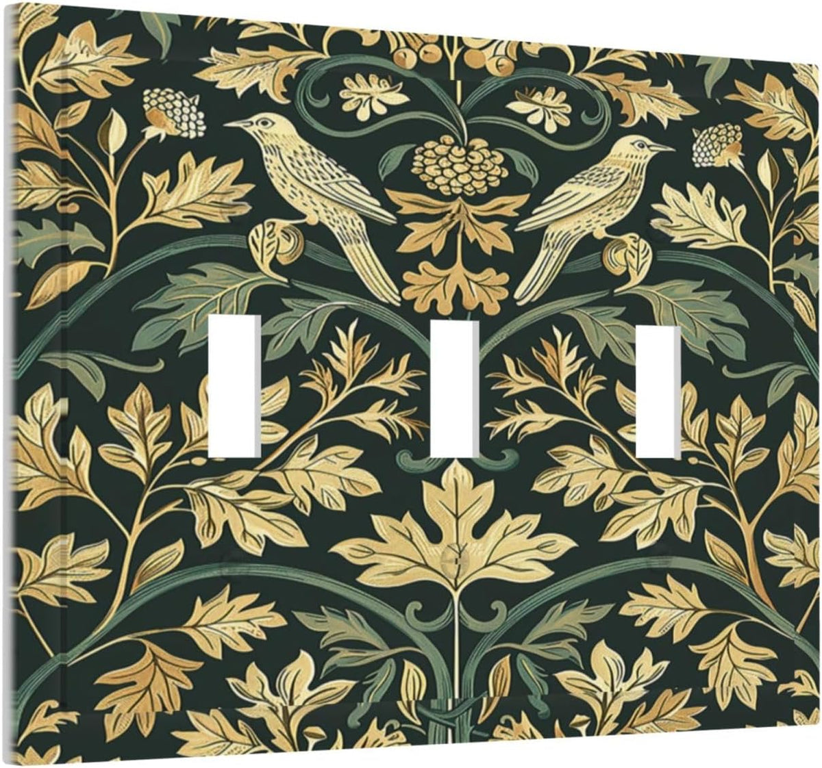 Decorative Switch Plates William Morris Vintage Botanical Birds Golden Green Leaves 3 Gang Wall