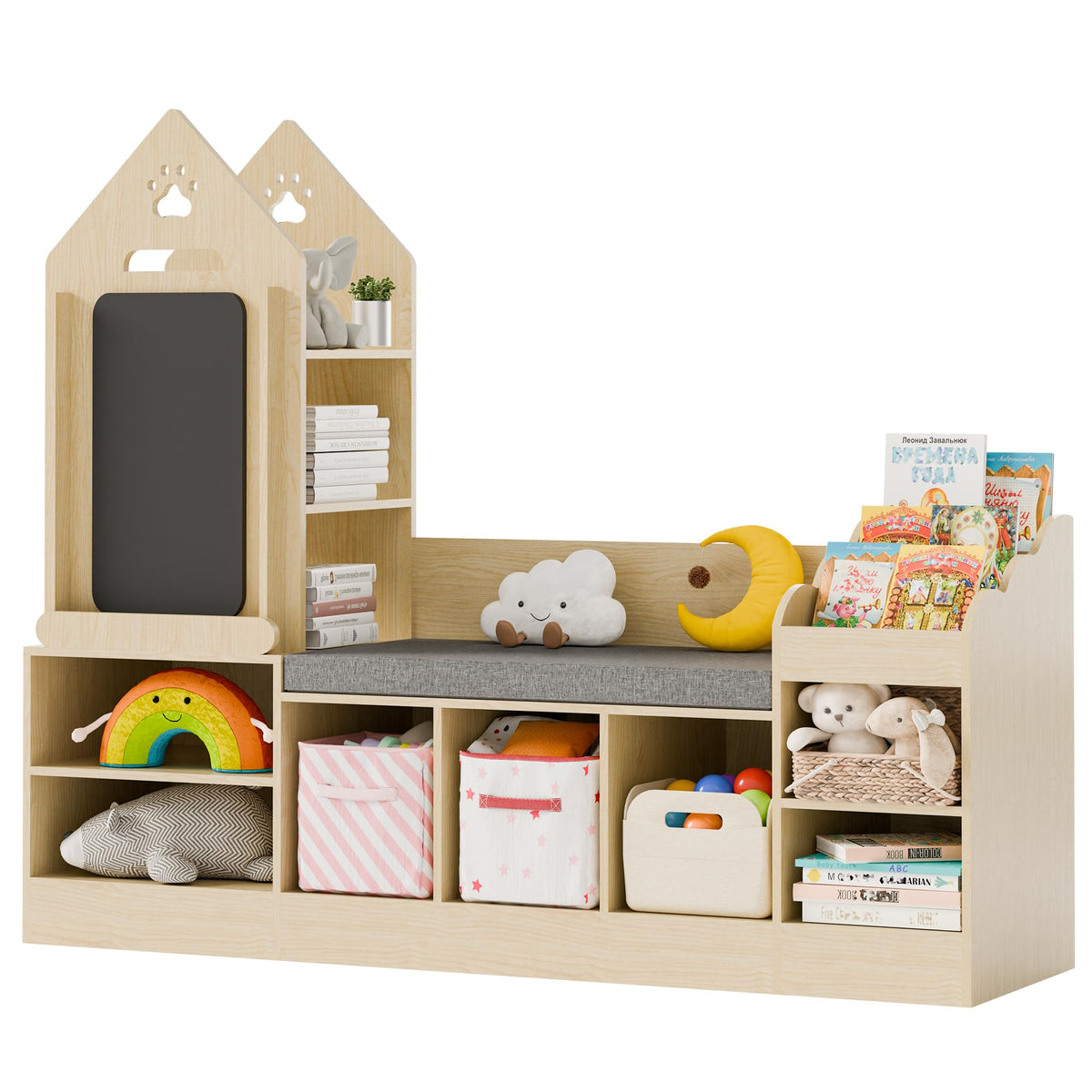 MU Kids Bookshelf with Reading Nook, Wooden Toy Storage Organizer with Chalkboard and Bench, Kids