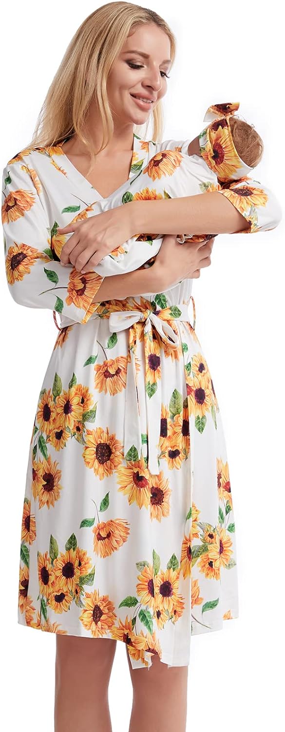 Galabloomer Maternity Robe and Baby Receiving Blanket, Matching Mommy Labor Delivery Robe and