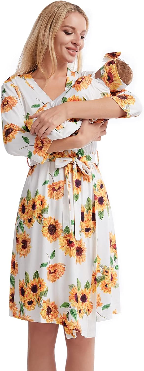 Galabloomer Maternity Robe and Baby Receiving Blanket, Matching Mommy Labor Delivery Robe and