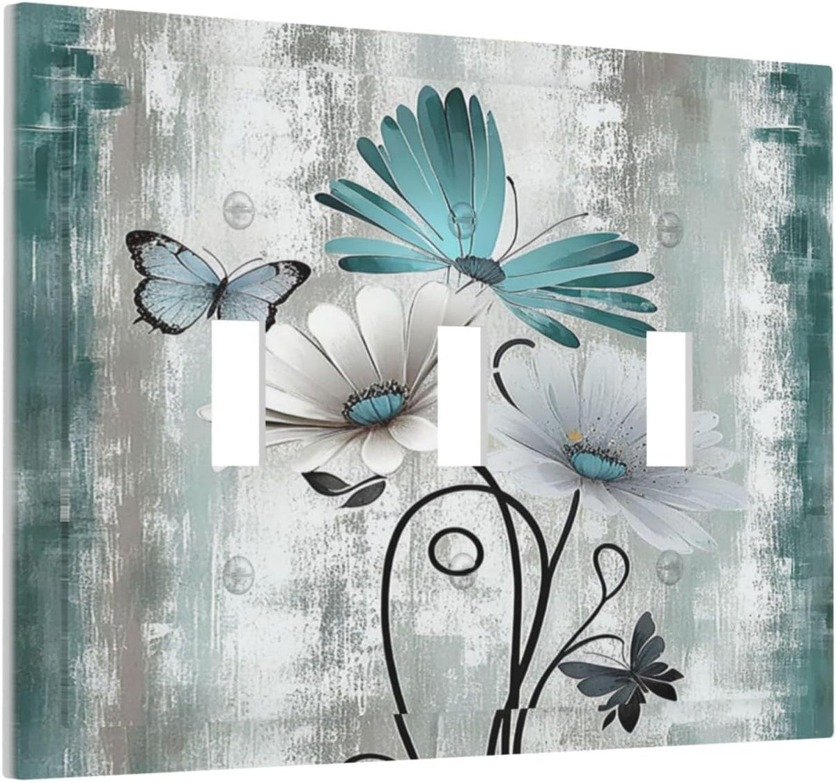 Decorative Switch Plates Rustic Teal Daisy Floral Flowers Butterfly Wood Grain 3 Gang Wall Plate
