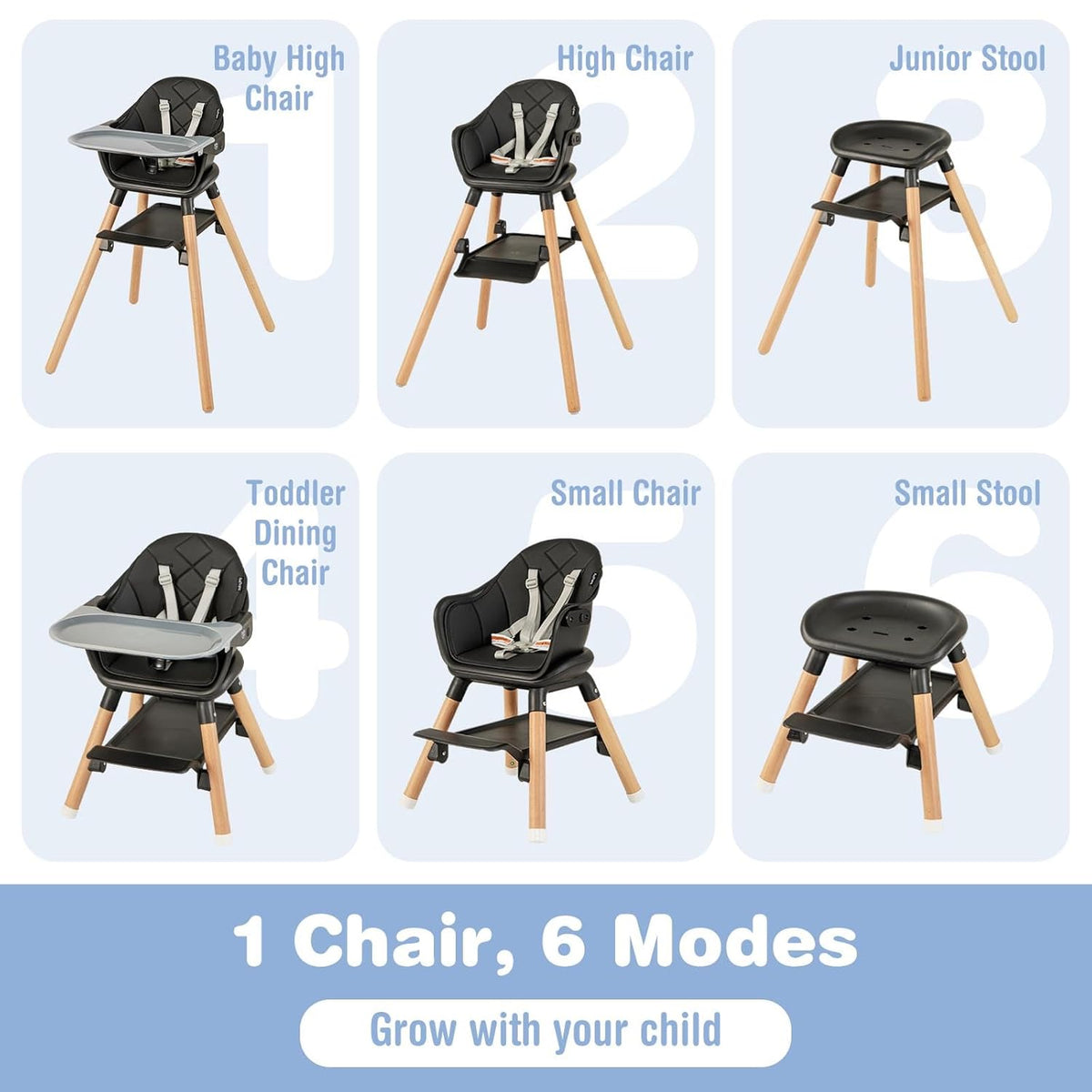 BABY JOY Baby High Chair, 6 in 1 Convertible Wooden High Chair for Babies & Toddlers with