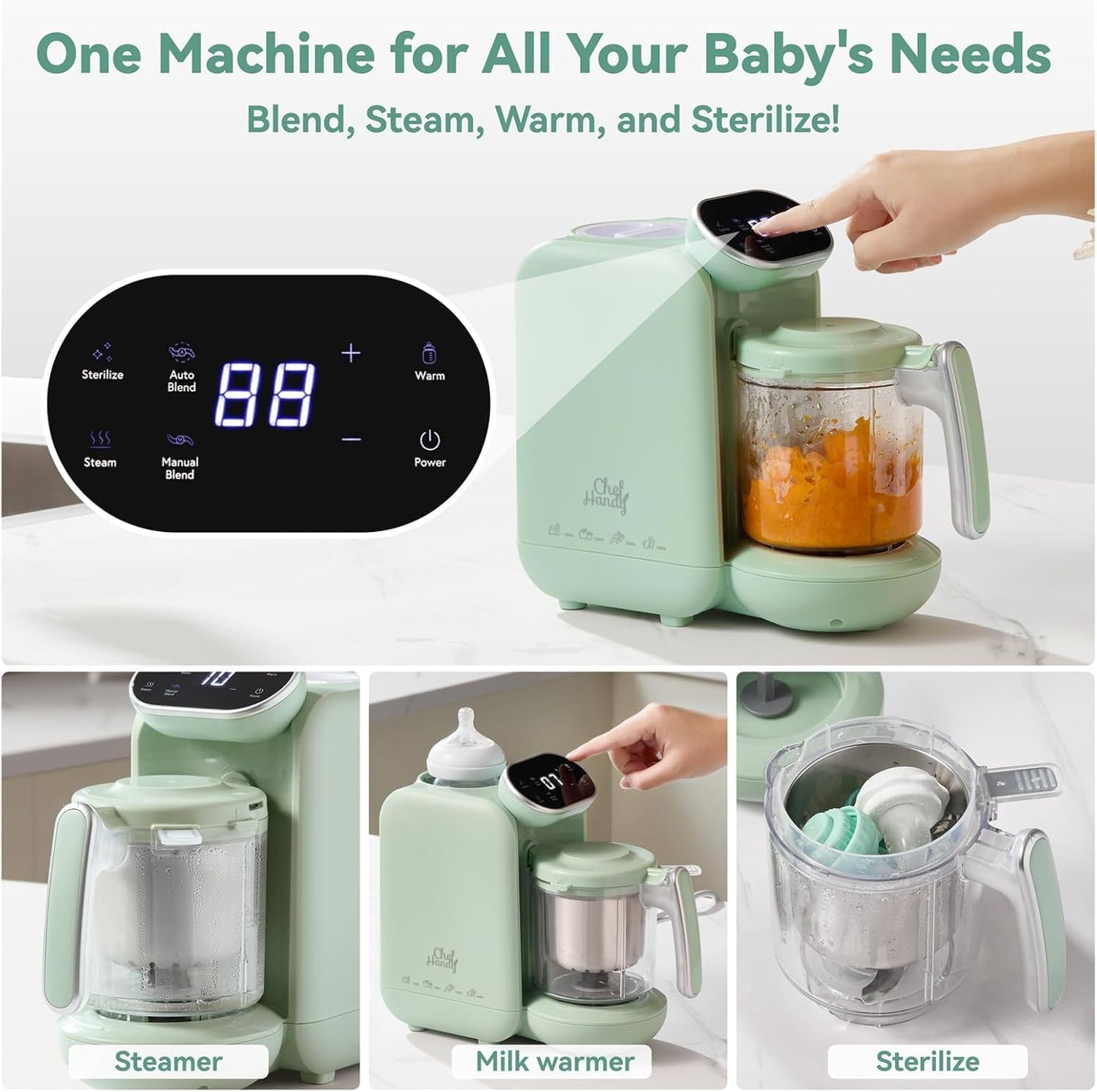 Chefhandy 5-in-1 Baby Food Maker with Stainless Steel Steam Basket, Green