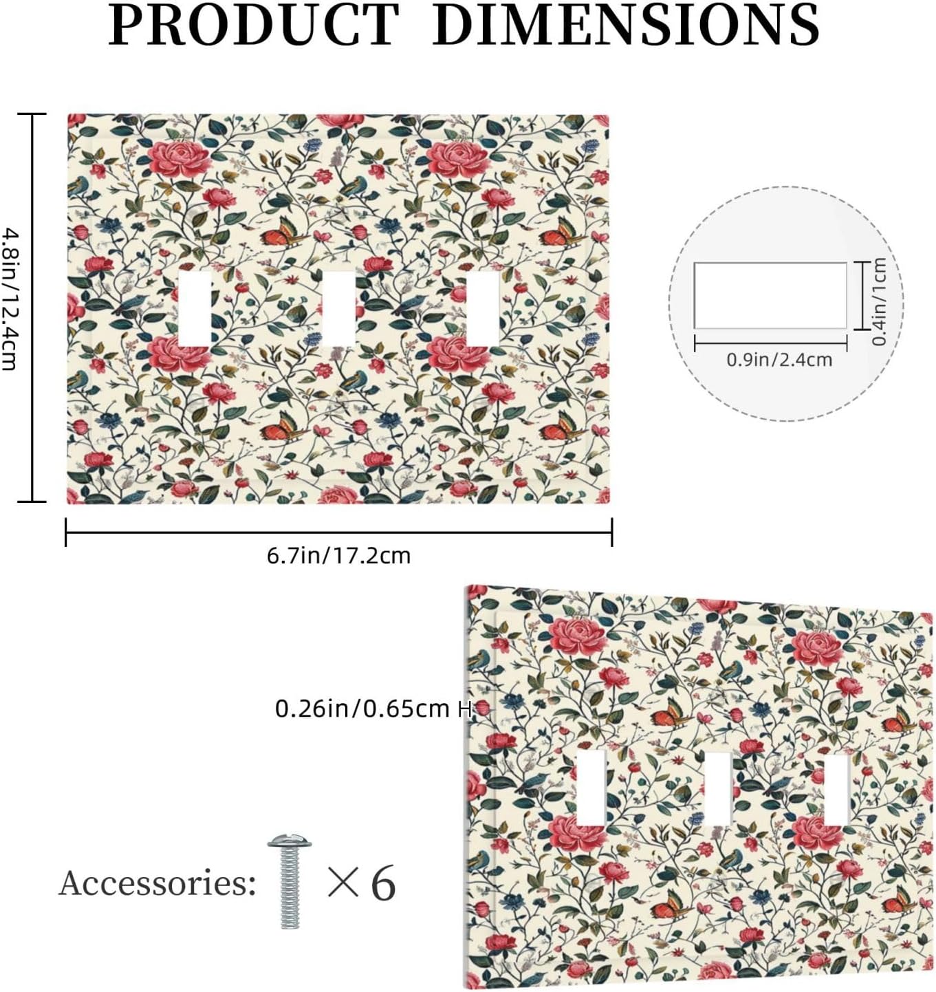 Decorative Switch Plates Vintage Flowers Rose Leaf Bird Butterfly 3 Gang Wall Plate Triple Toggle