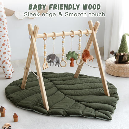 Razee Wooden Baby Play Gym Activity Mat, Leaf Shaped Play Mat Baby Gym with 6 Hanging Sensory Toys