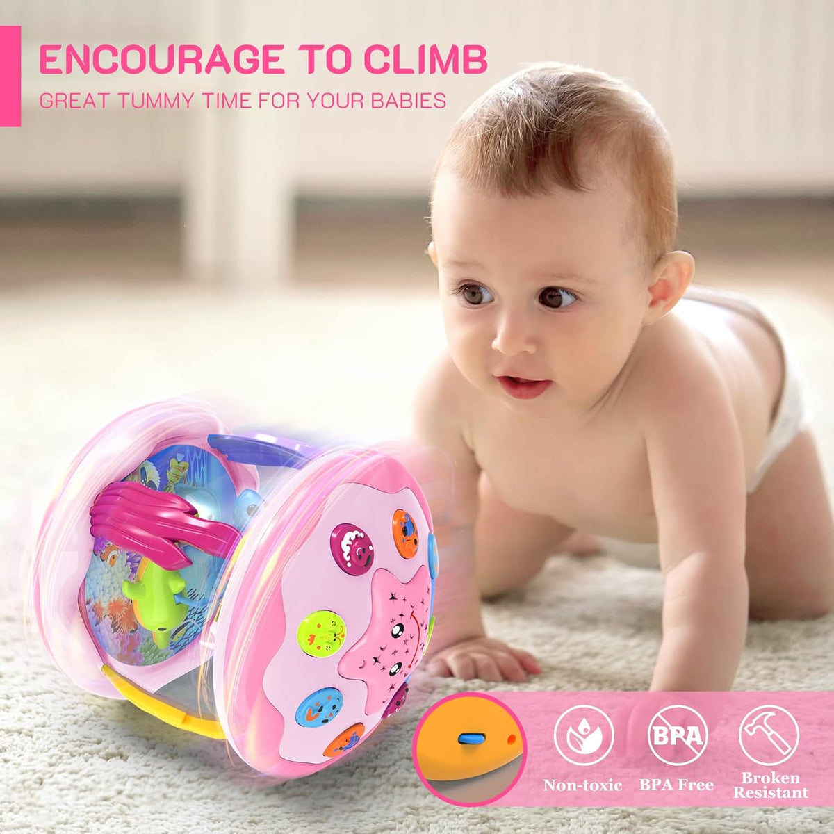 Baby Toys 6-12 Months - Musical Light Up Rotating Toys, Pink Ocean Projector for Infant 9-12-18