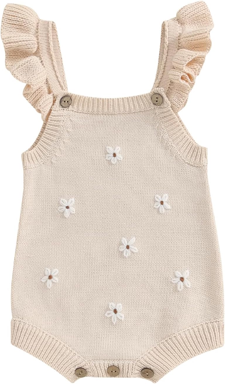BULINGNA Newborn Infant Baby Girl Summer Romper Sleeveless Floral Knitted Bodysuit One Piece
