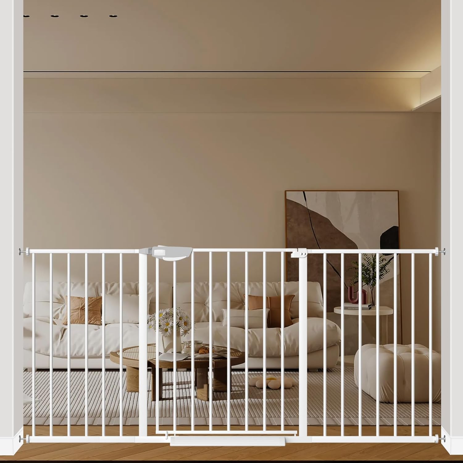 WAOWAO Triple Lock 49.21-66.54" Baby Gate Extra Wide Pressure Mounted Walk Through Swing Auto Close