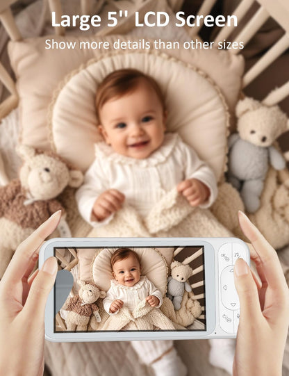 Baby Monitor, 5'' Screen with 32 Hours 5000mAh Battery, Pan-Tilt-Zoom Video 1080P Baby Monitor with