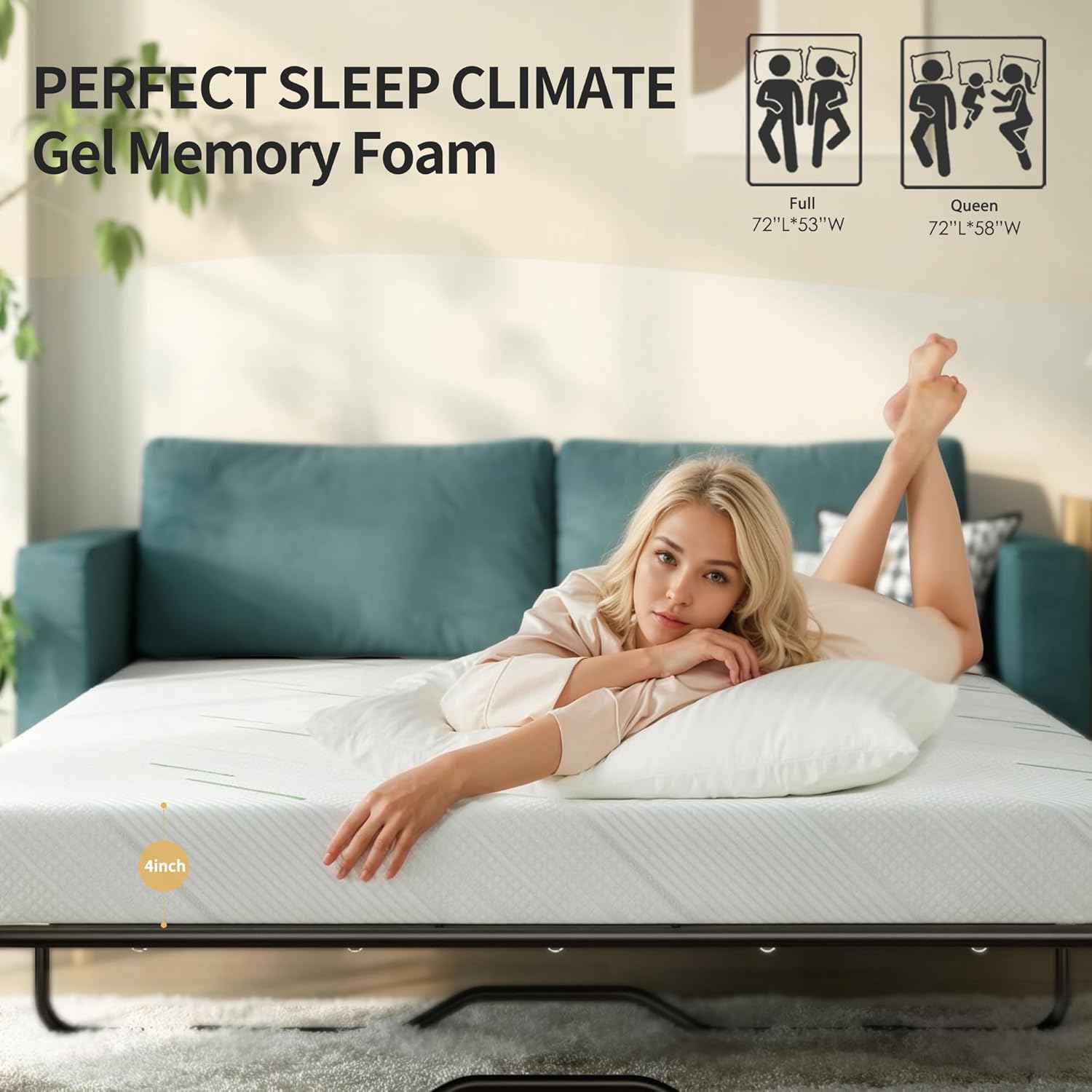 4 Inch Gel Memory Foam Sofa Mattress Cushion Queen Size - Breathable Washable Cover, Ergonomic