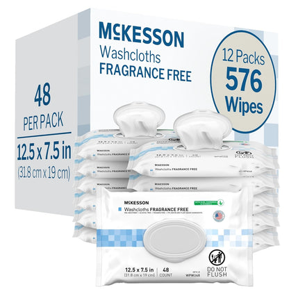 McKesson Washcloth Wipes for Adults, Unscented (12 Pack, 576 Washcloths) Disposable Wash Cloths for