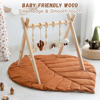 Razee Wooden Baby Play Gym Activity Mat, Leaf Shaped Play Mat Baby Gym with 6 Hanging Sensory Toys