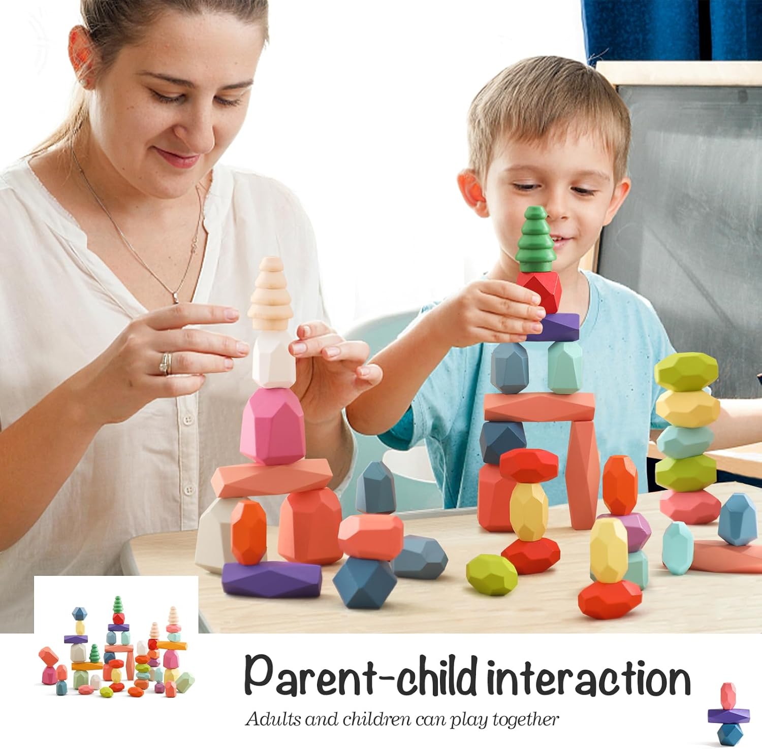 OESSUF Stacking Rocks 48Pcs Stacking Blocks Balancing Stacking Stones Wooden Building Toys Wood