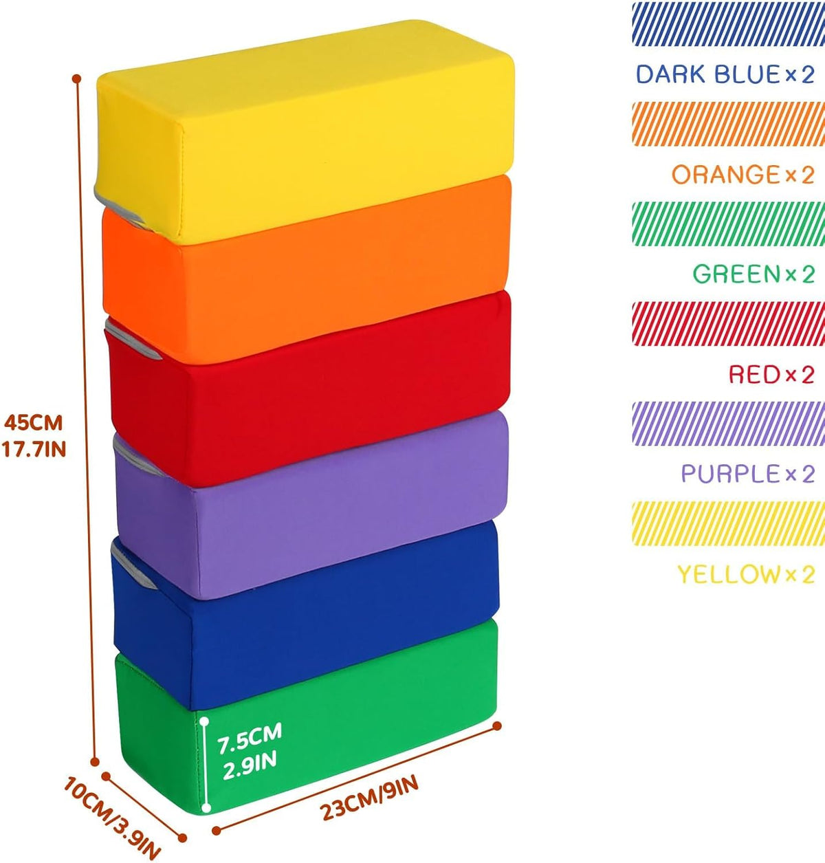 Toddler Foam Buliding Blocks - 12 Piece Fabric Covered 9x4x3inch Stacking Block Sets - Colourful