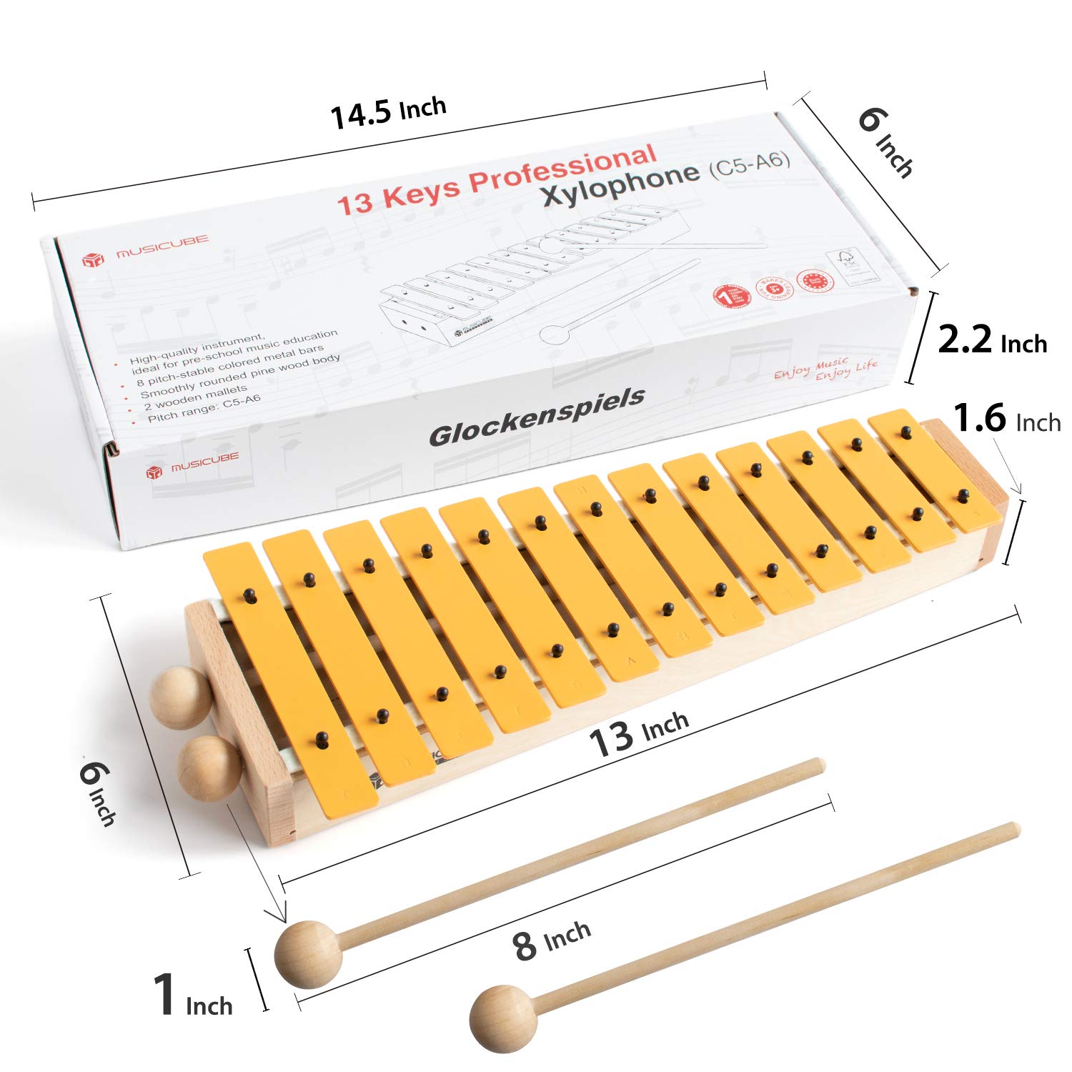 MUSICUBE 13 Keys Xylophone for Kids Wooden Xylophone Musical Instrument with Mallets Glockenspiel