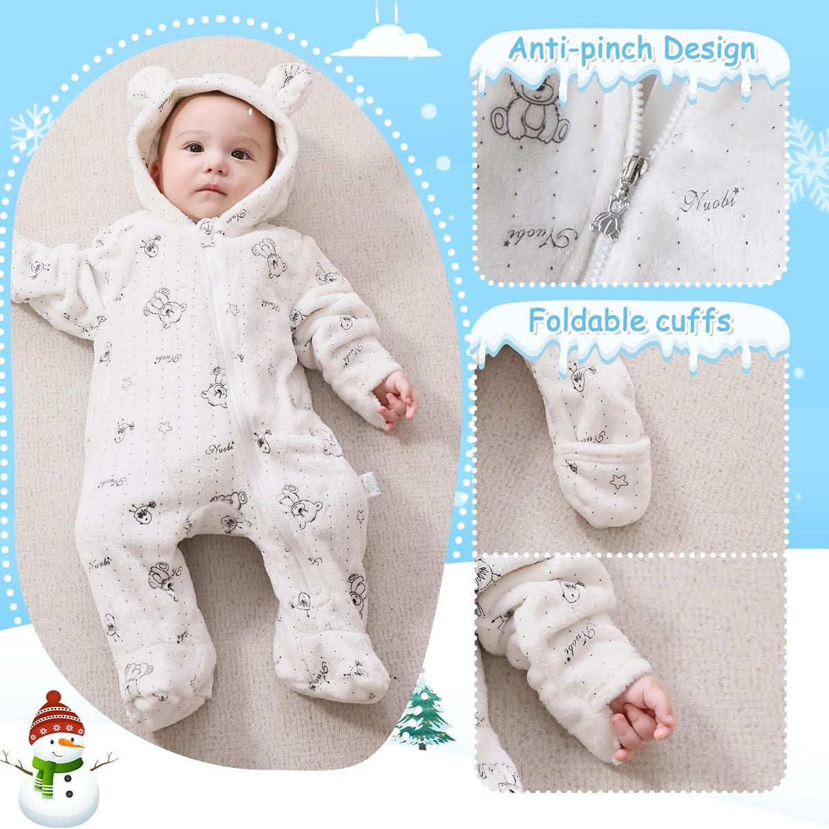 Fairy Baby Newborn Baby Bear Onesie Thin Fleece Footie Romper Snowsuit Hooded Jumpsuit Bodysuit
