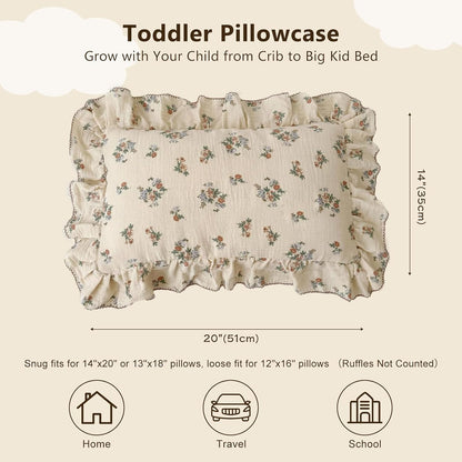 BuLuTu 2 Layers Muslin Toddler Pillowcases Fits for Crib Cot Cradle, Cotton Floral Pillow Cases for