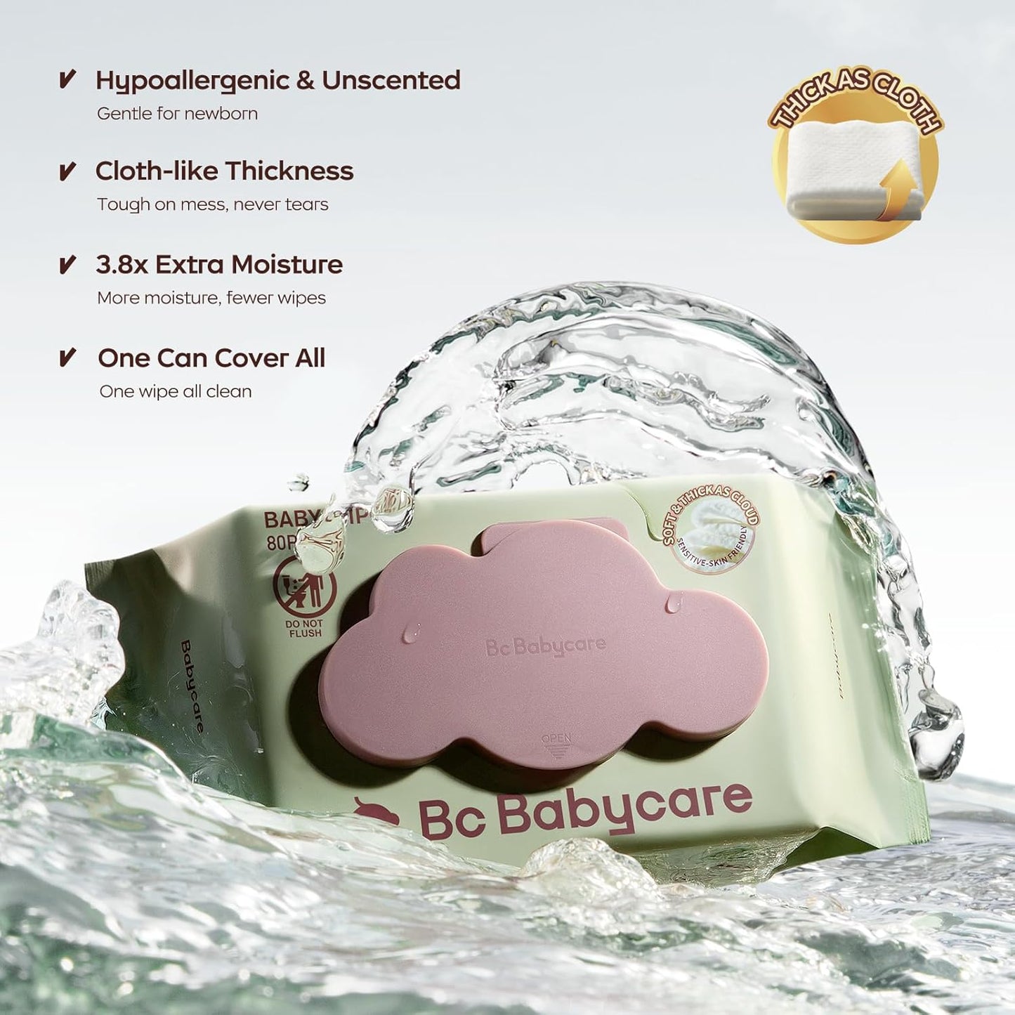 Bc Babycare Cloud Moist Baby Wipes, Thick & XL, 99% Water, Ultra-Hydrating, Unscented
