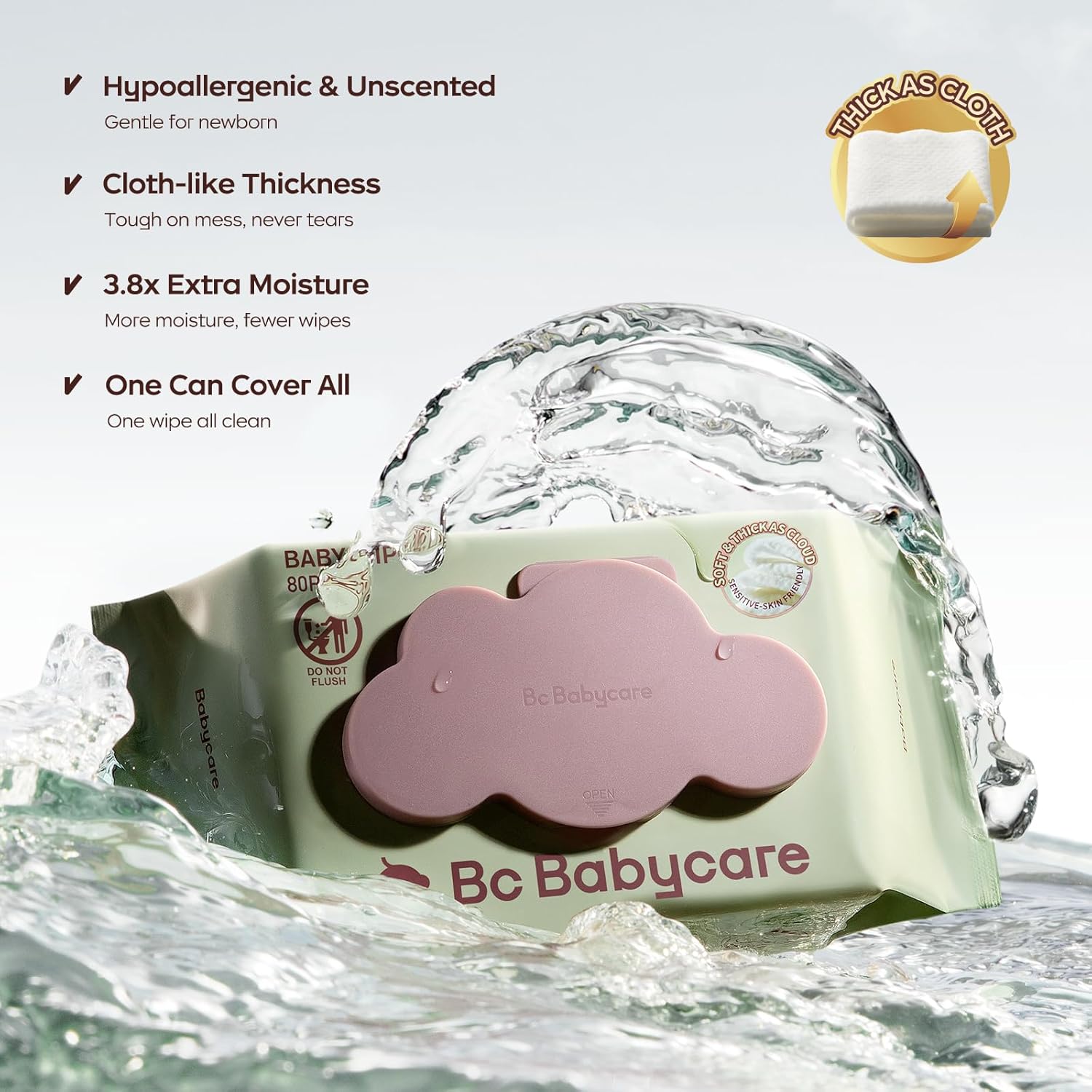 Bc Babycare Cloud Moist Baby Wipes, Thick & XL, 99% Water, Ultra-Hydrating, Unscented