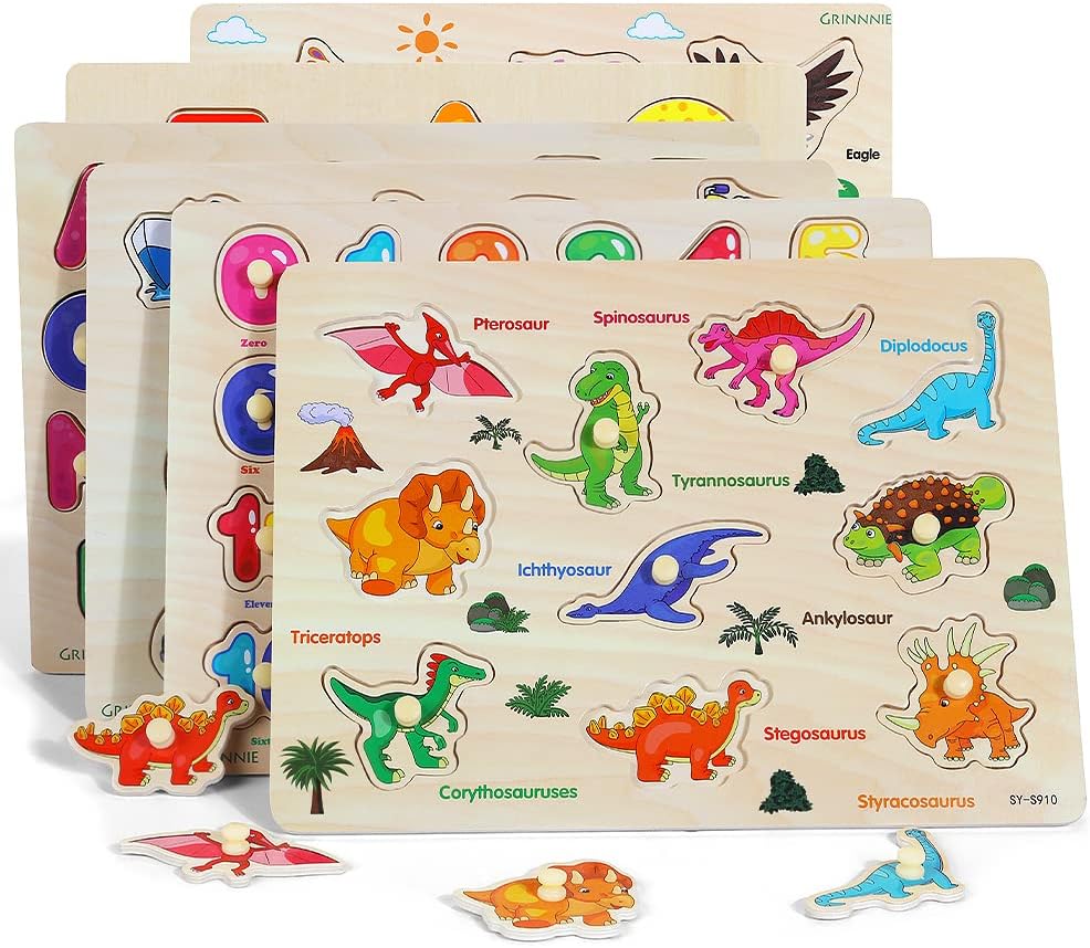 GRINNNIE Wooden Peg Puzzle for Toddlers, 6 Pack Toddler Puzzles Set for 3 4 5 Years Old (Alphabet