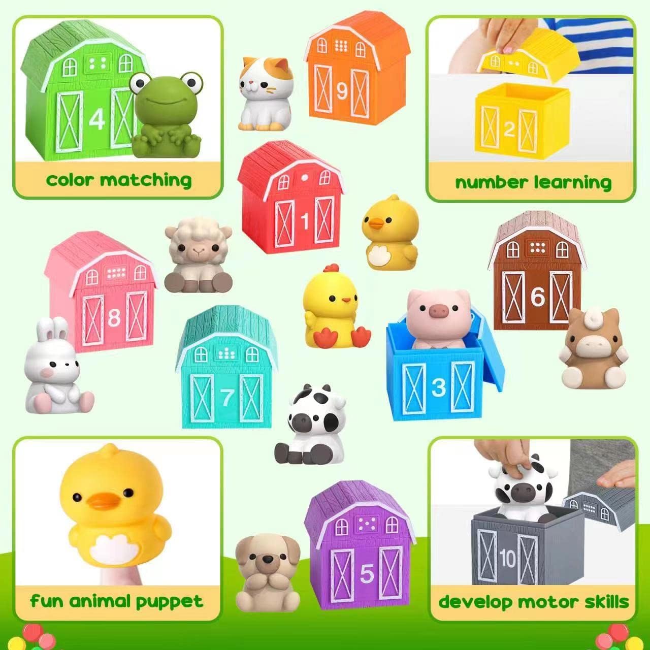 Learning Toy for Toddlers 1 2 3 Year Old, 10 Farm Animal Toys & 10 Barns, Counting, Matching &