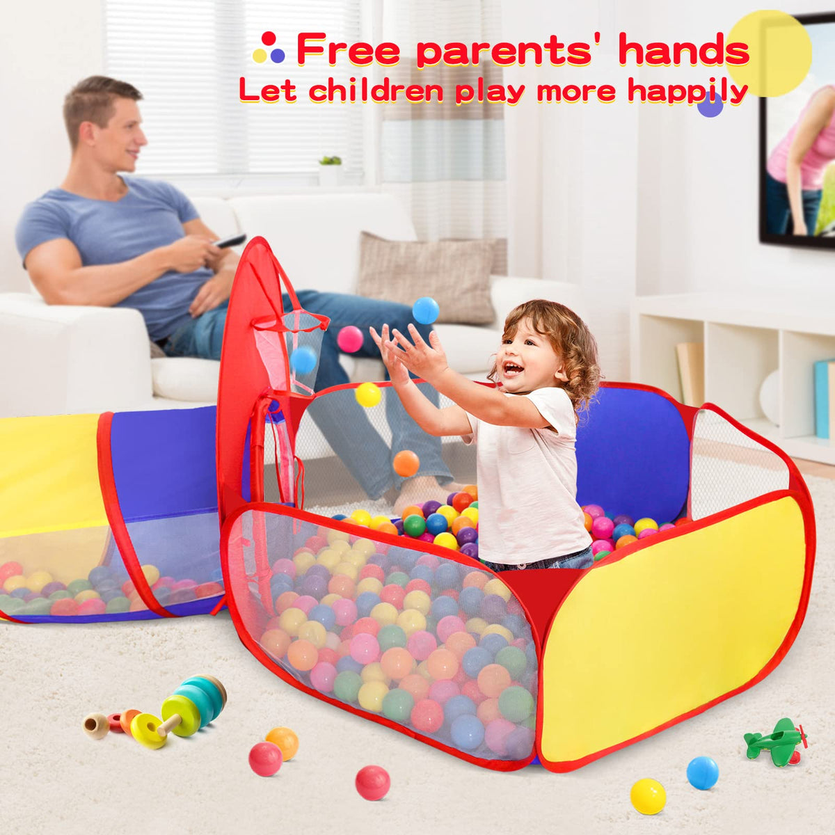 GeerWest 3 in 1 Kids Play Tent for Toddler with Baby Ball Pit and Play Tunnel, Children Indoor