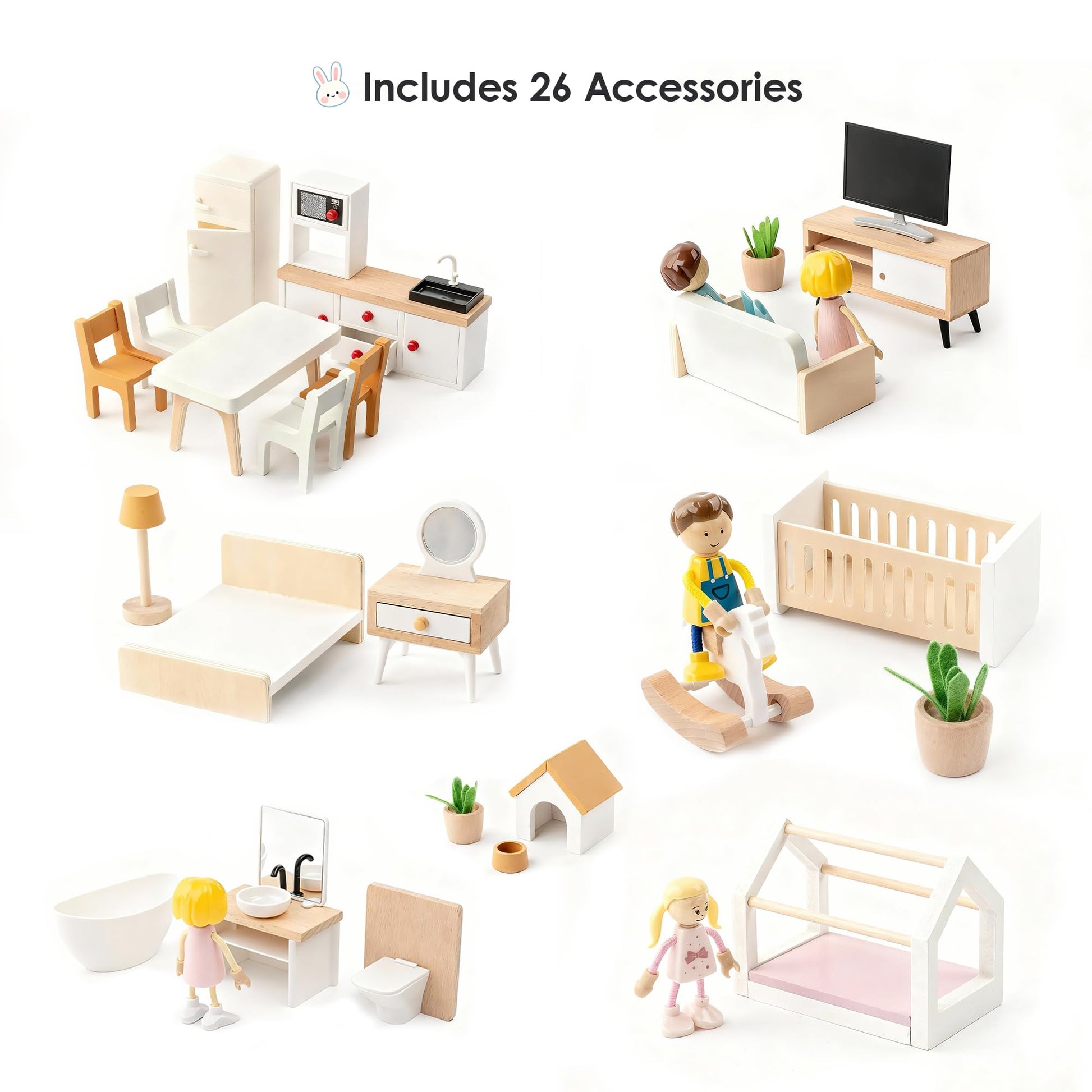 Wooden Dollhouse for Kids, 6-Room Modern-Style Toy Doll House Playset