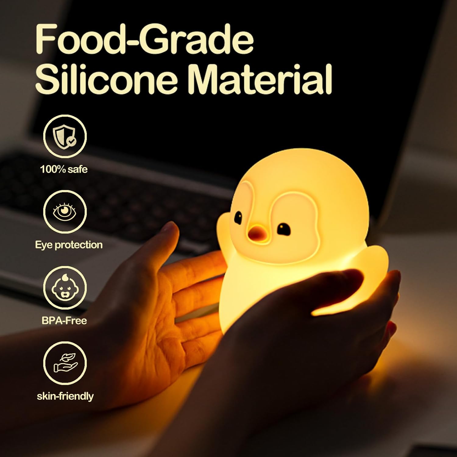 ATSUI Happy Penguin Night Light, LED Squishy Novelty Animal Lamp, Food Grade Silicone, 2 Level