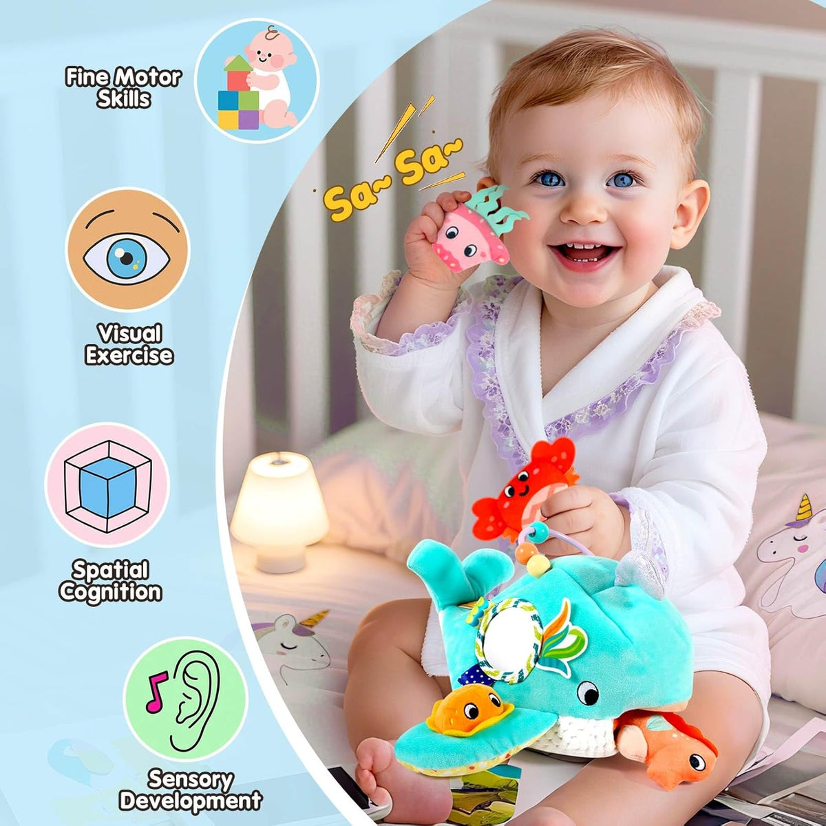 Baby Toys 6-12 Months - Soft Ocean Adventure Toy with Rattle, Crinkle Paper, Squeaker, Mirror