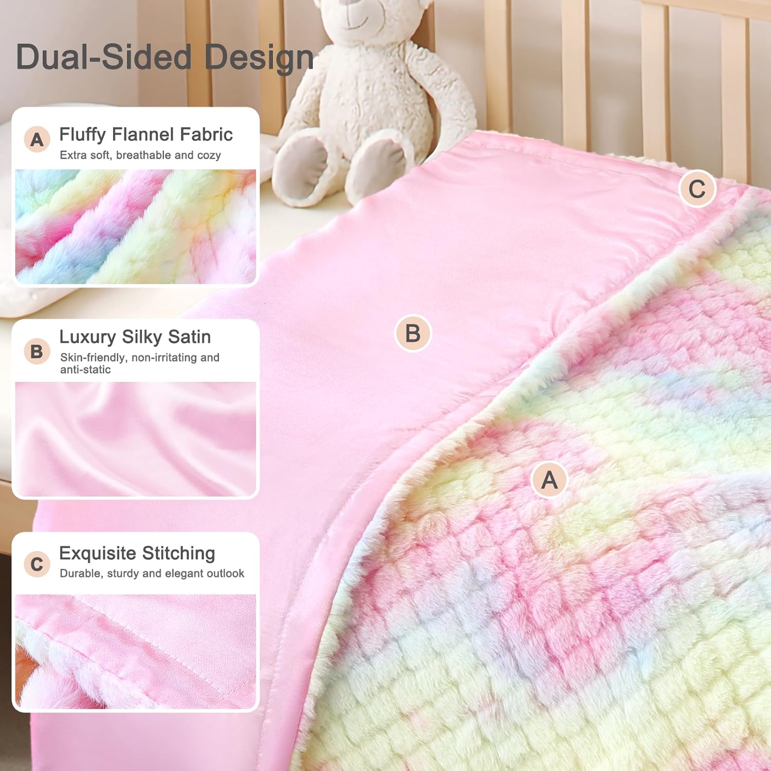 Baby Blanket for Girls Tie Dye Rainbow Fleece Fluffy Fuzzy Blanket with Soft Luxury Silk Silky