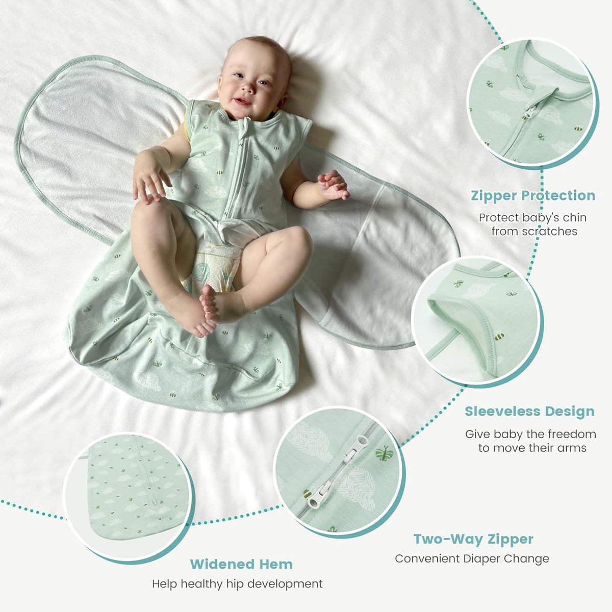 Newborn Baby Swaddle Sleep Sack 100% Cotton 1.0 Tog Wearable Blanket for 0-3, 3-6, 6-12 Months
