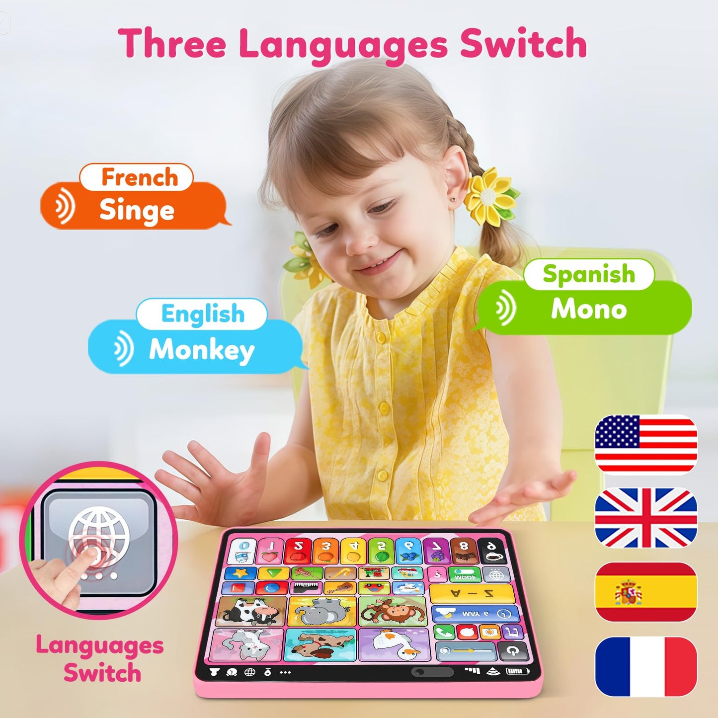 Trilingual Learning Toy Tablet with Music & Sound, Montessori Speech Therapy Toys for 1 Year Old