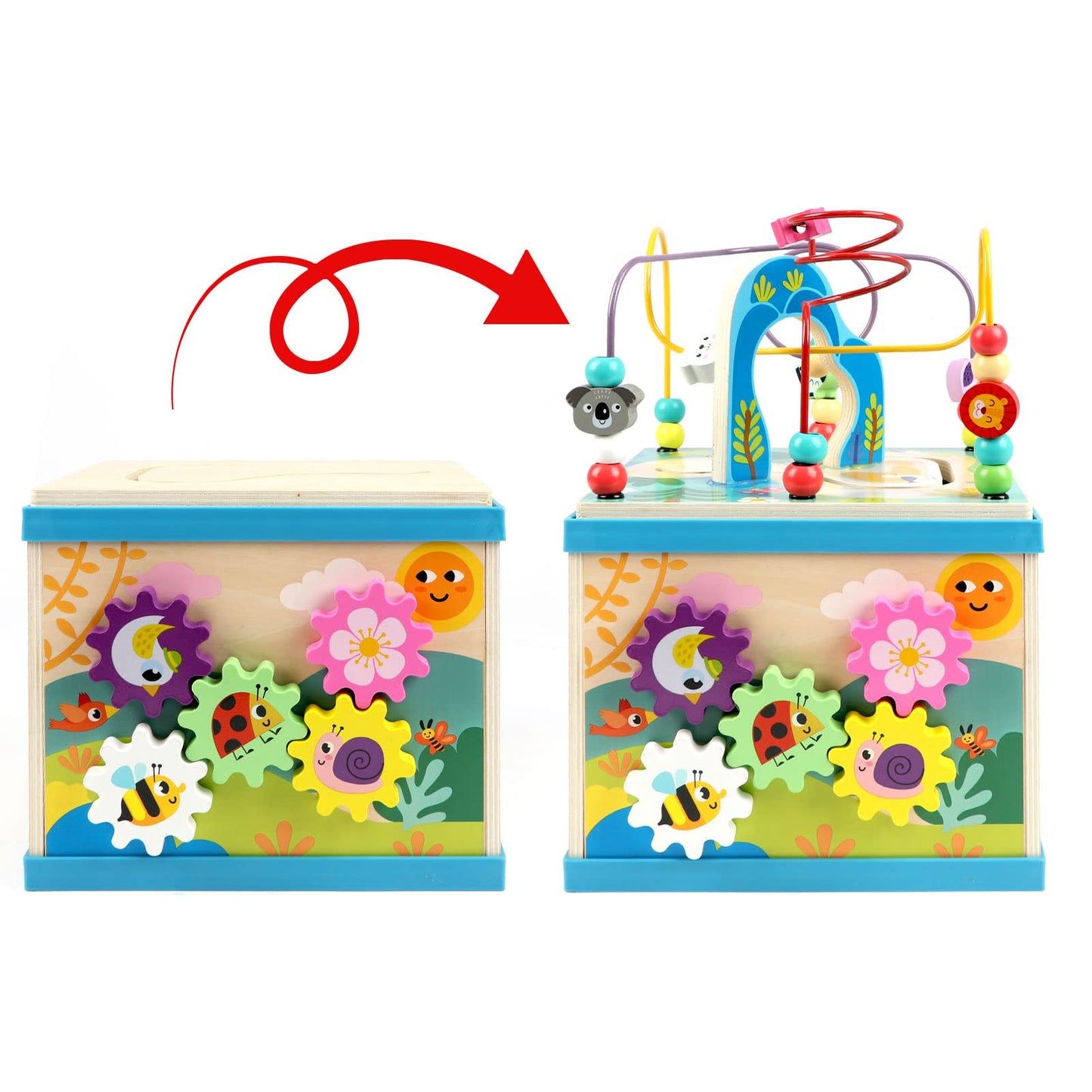 Qilay Wooden Activity Cube for Toddlers, 5 in 1 Multipurpose Abacus Early Educational Montessori