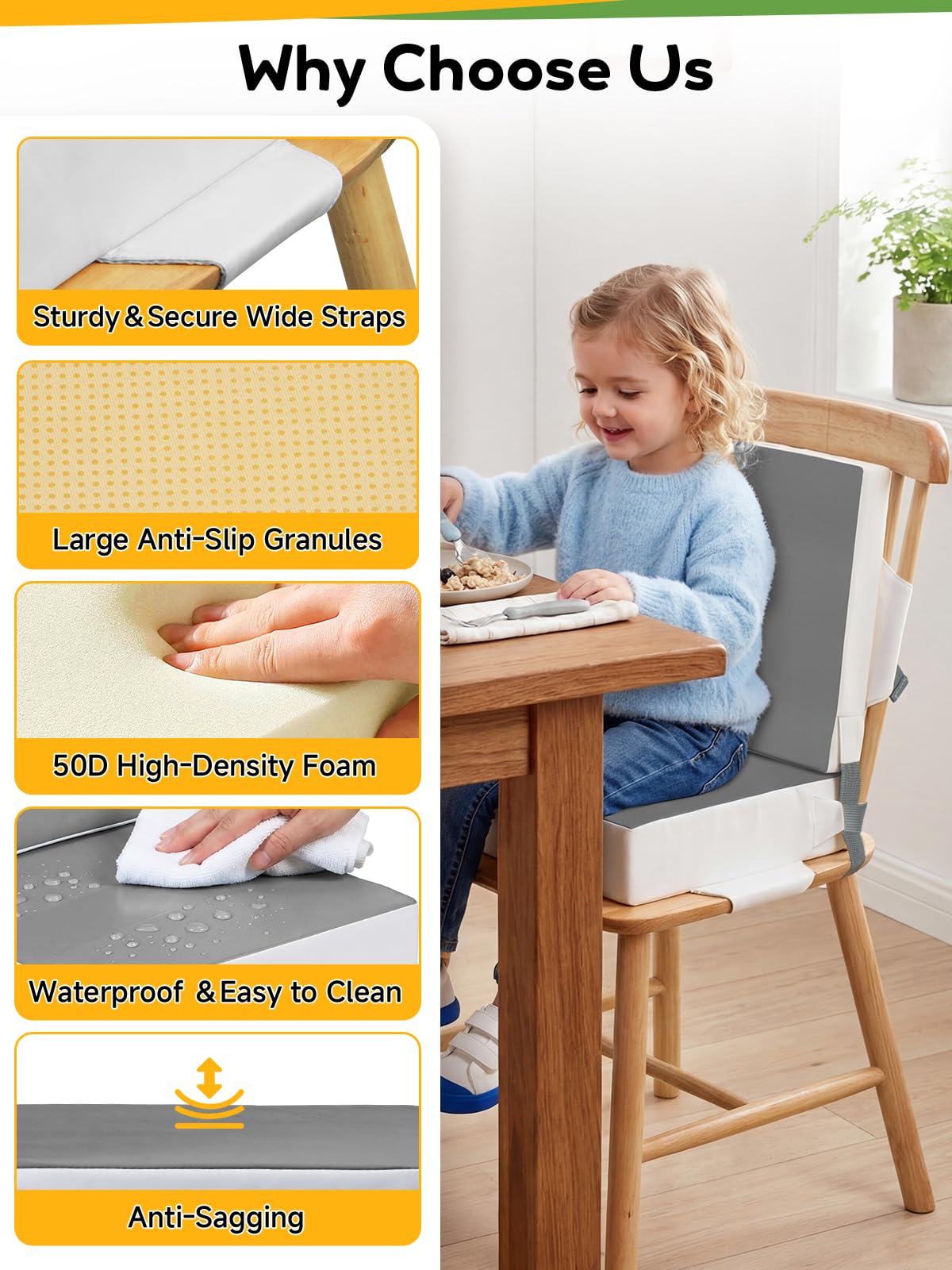 Booster Seat for Kitchen Chair - Toddler Booster Seat for Dining Table - PU Washable Double-Safety