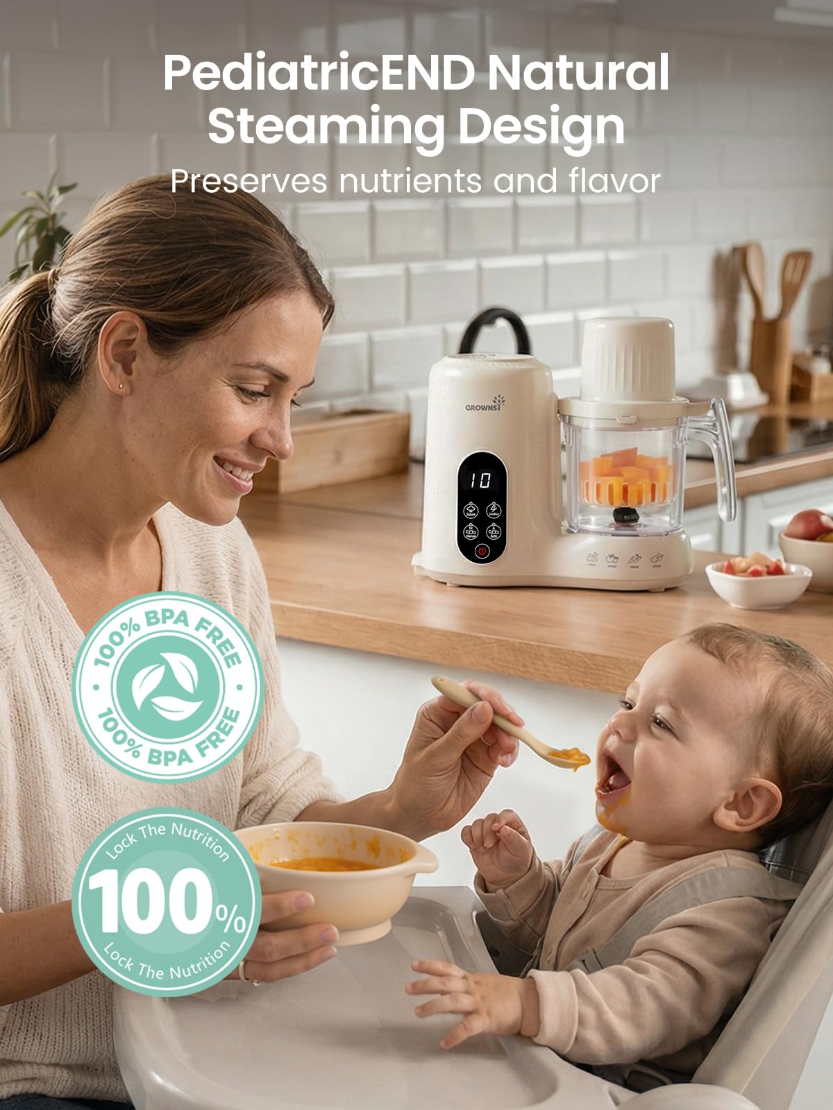 Grownsy Baby Food Maker & Processor with Dual-Layer Steam Basket,Cream