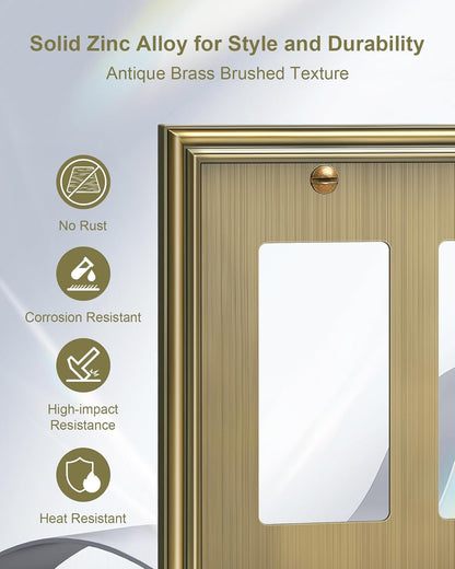 2-Pack Decorative Double Decorator Outlet Cover Plate, Durable Zinc Alloy Antique Brass Wall Plates