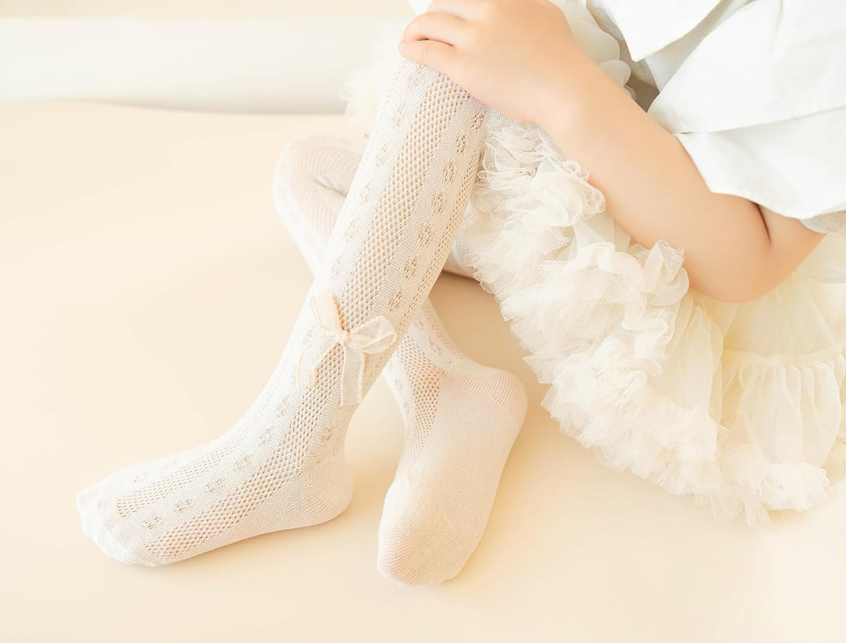 CHUNG Baby Girls Cotton Tights Thin Hollowed Summer with Bowknot Mesh Lace Fashion Toddler Footed