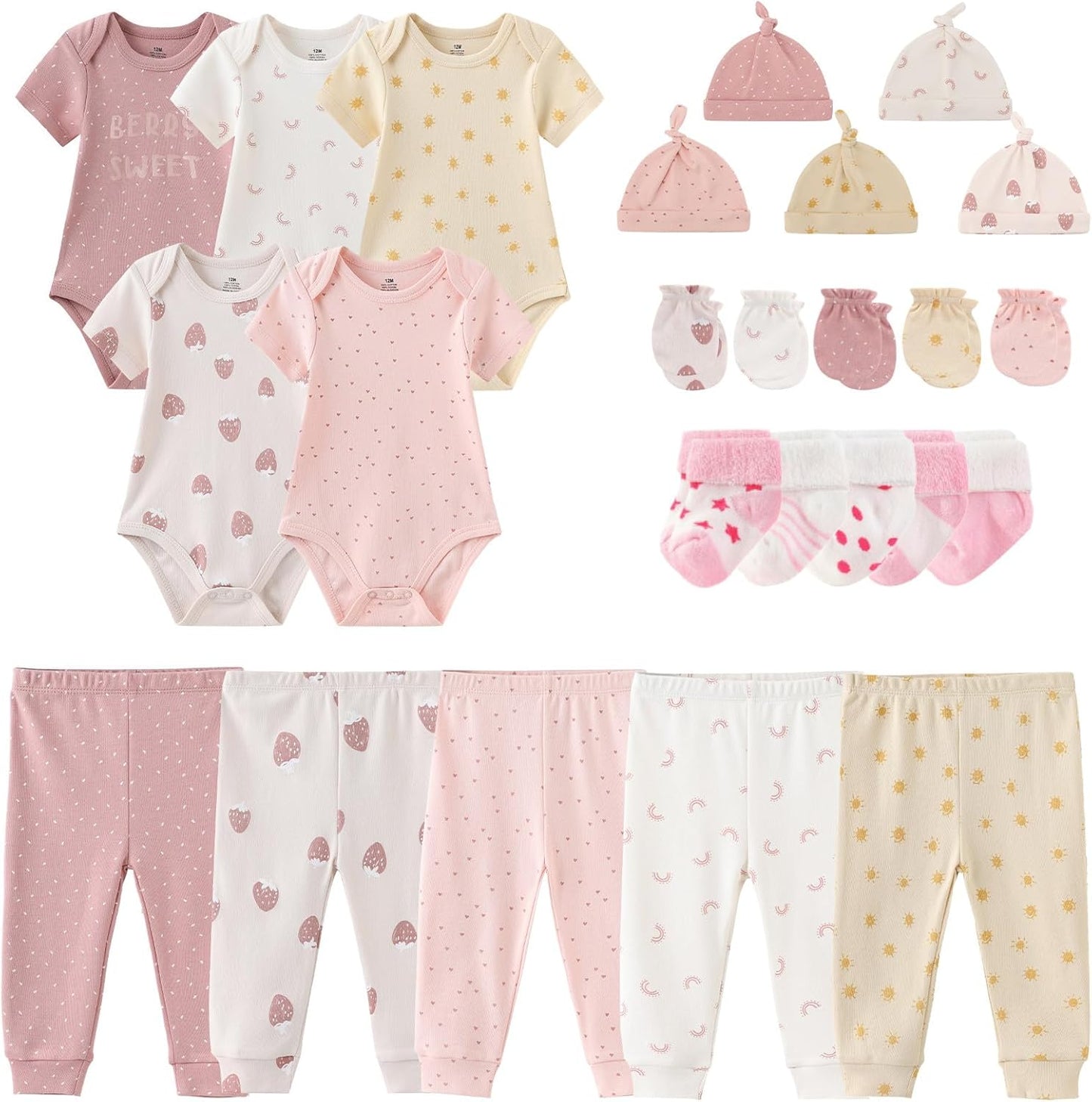 Newborn Layette Gift Set Bodysuits Pants for Baby Girl and Boy 24 Piece 100% Cotton Essentials and