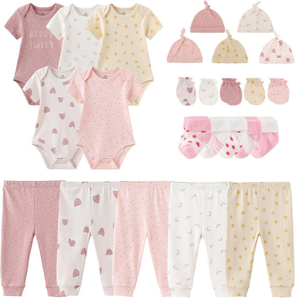 Newborn Layette Gift Set Bodysuits Pants for Baby Girl and Boy 24 Piece 100% Cotton Essentials and