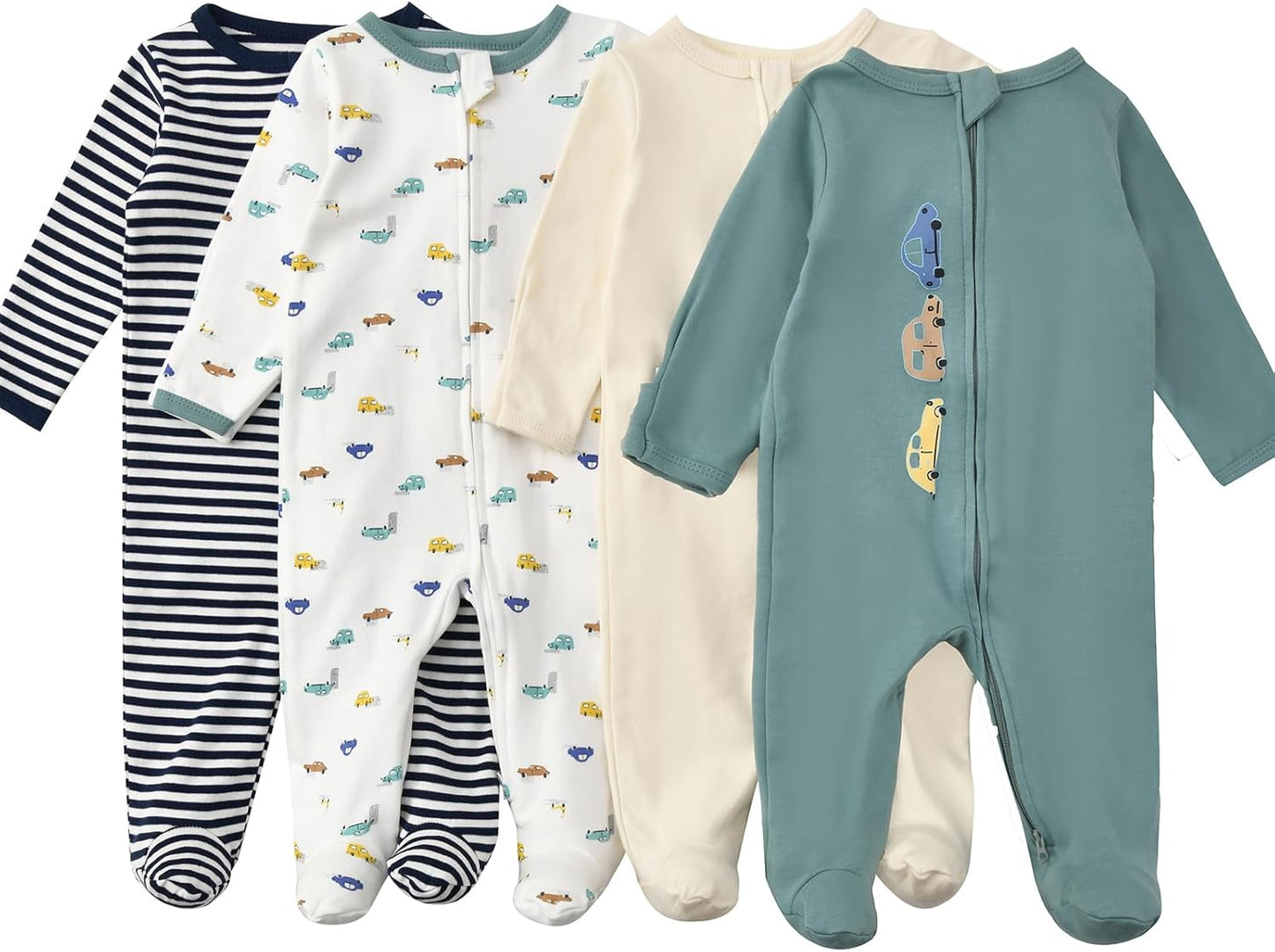 Aablexema Baby Footed Pajamas with Mitten Cuffs Zipper 4-Pack Infant Newborn Cotton Long Sleeve