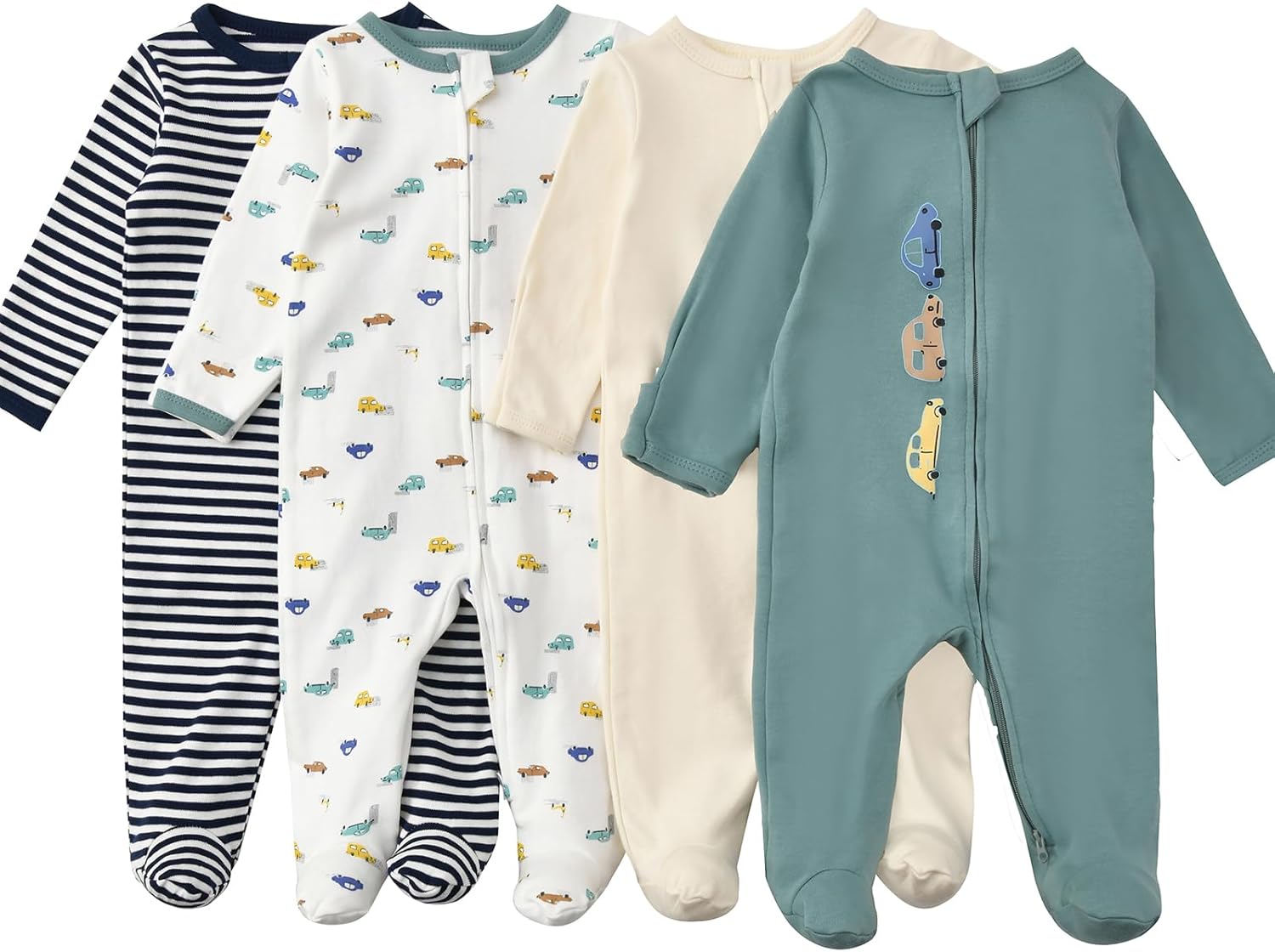 Aablexema Baby Footed Pajamas with Mitten Cuffs Zipper 4-Pack Infant Newborn Cotton Long Sleeve