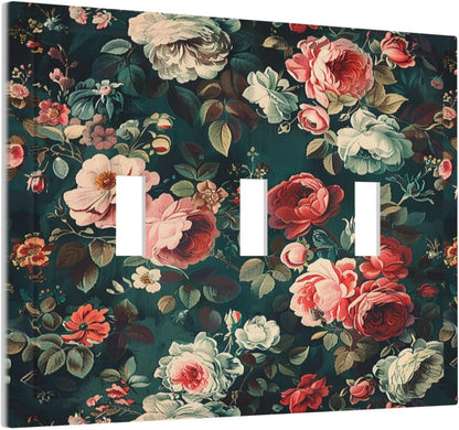 Decorative Switch Plates Baroque Vintage Peony Flower Floral 3 Gang Wall Plate Triple Toggle Light