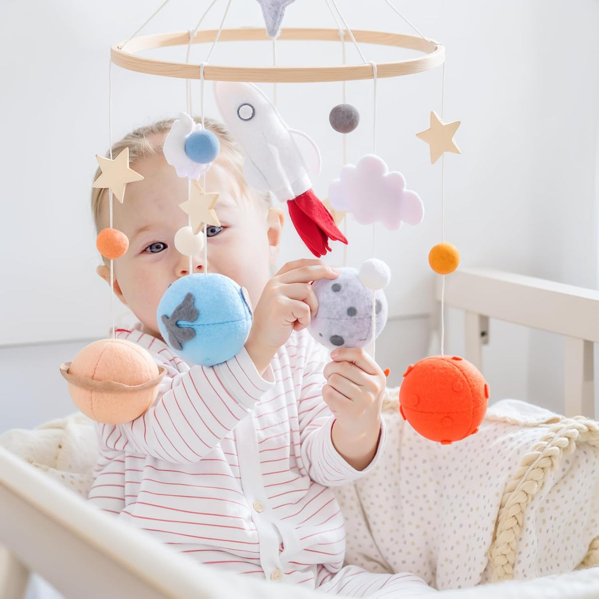 Baby Crib Mobile for Boys Girls | Felt Space Nursery Mobile Wooden Mobile for Crib | Astronaut