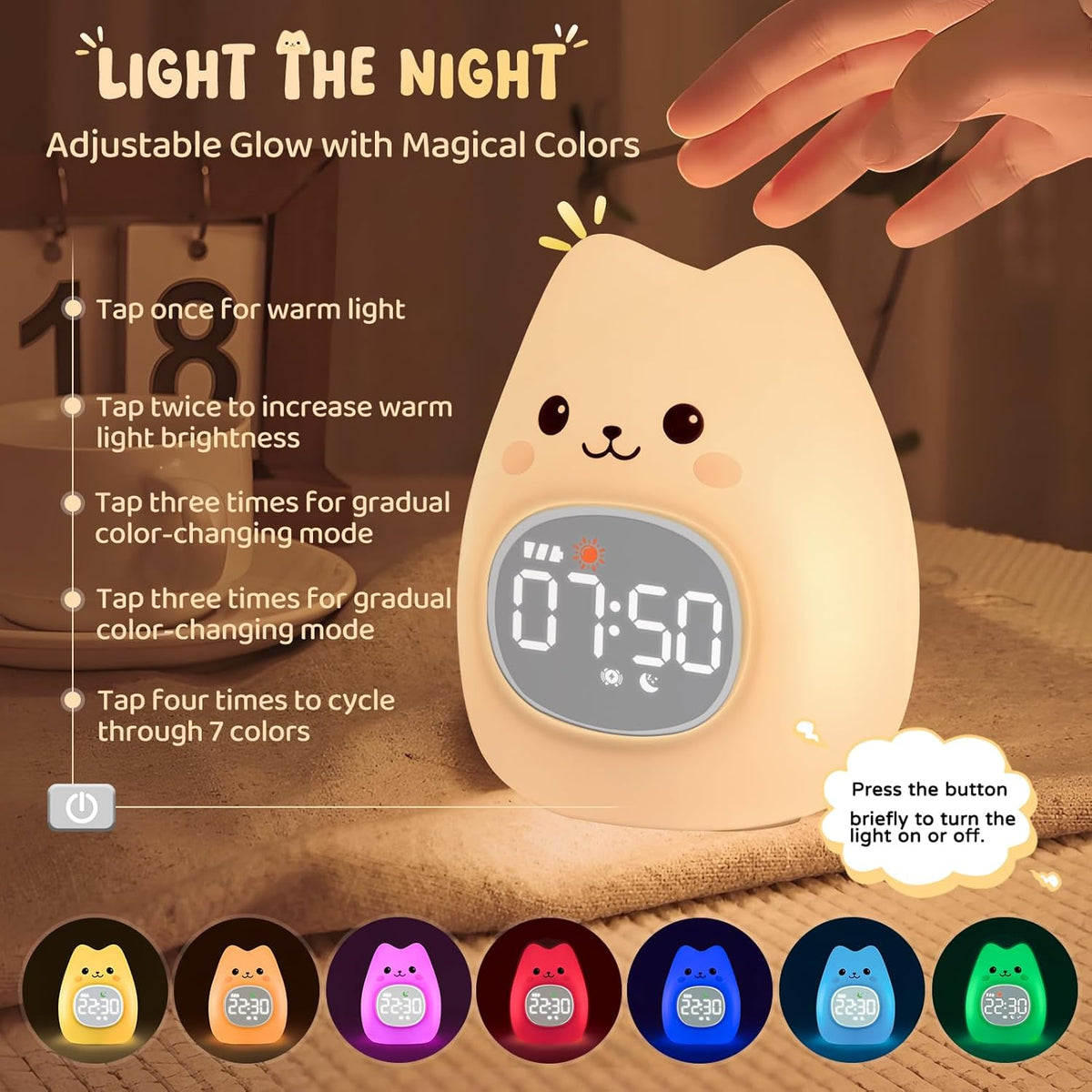 Cat Alarm Clock with Night Light for Kids with Sleep Training and Sound Machine, Rechargeable