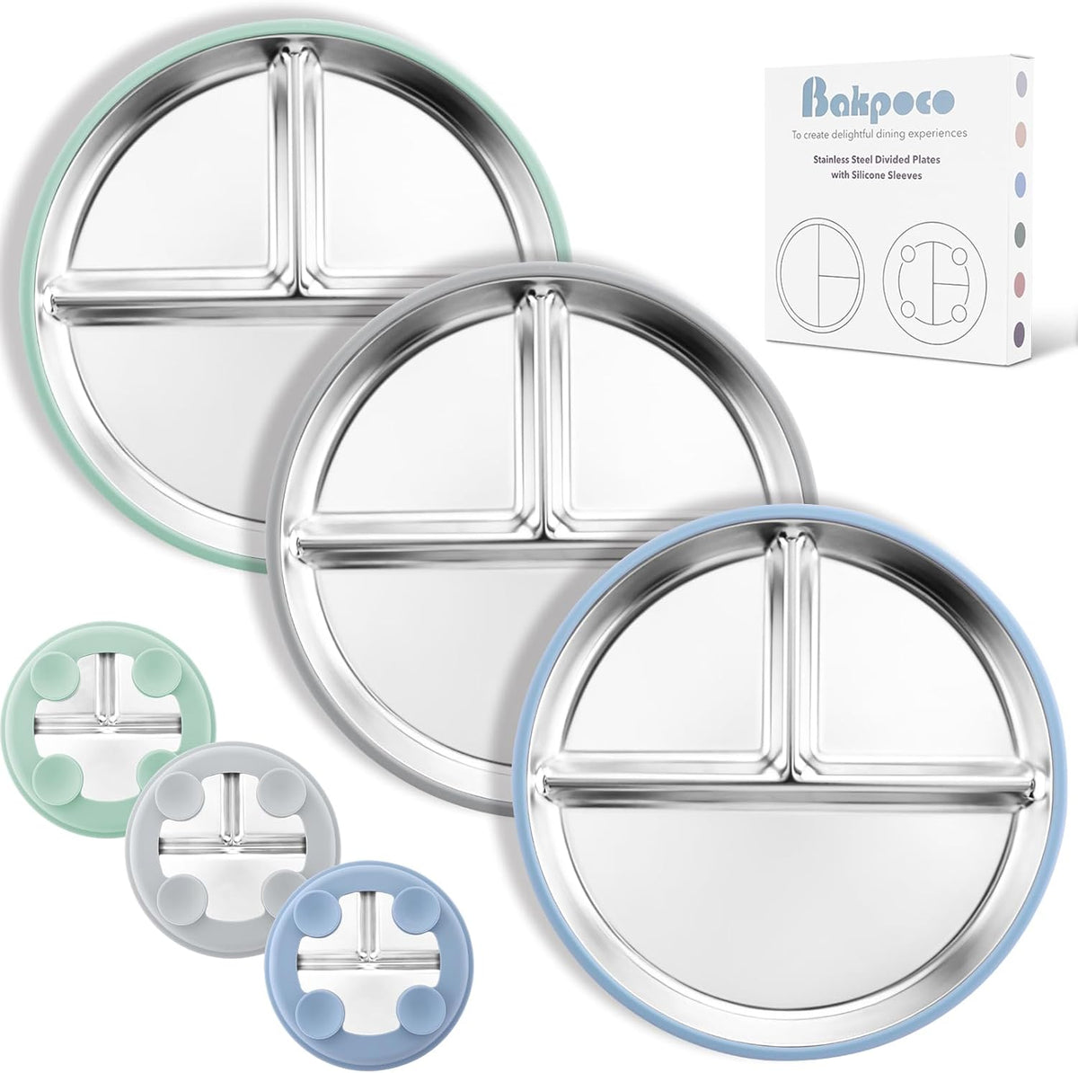 Stainless Steel Suction Plates for Toddlers, 9" Divided Kids Baby Plates with Removable Silicone