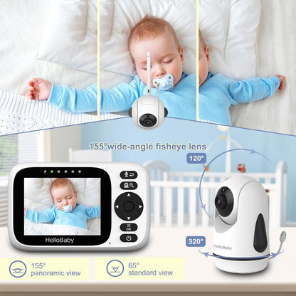 HelloBaby 3.2'' Baby Monitor 3 Cameras, Video Audio Baby Monitor No WiFi, Remote Pan-Tilt-Zoom